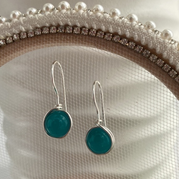 TEAL and Silver Wire Wrapped Minimalist Earrings - Picture 10 of 16